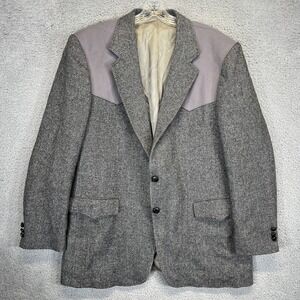 Vintage Western Herringbone Blazer Mens 46L Grey Wool Suede Yoke Sport Coat